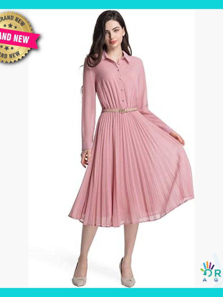 Pleated Midi Shirt Dress Long Sleeves Business Casual Elegant Belted Office Wear